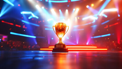 Golden trophy, illuminated stage, vibrant spotlights, colorful laser beams, dramatic lighting