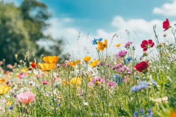 Naklejka premium lush green meadow with wildflowers