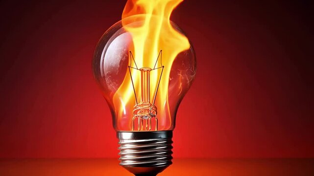 A glowing light bulb filled with flames illustrates the concept of energy transformation and innovation by showcasing the power of electricity