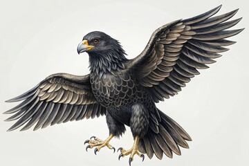 Naklejka premium A majestic dark eagle with wings outstretched, soaring in a powerful display of freedom and wildness, depicted with meticulous detail and rich dark tones.