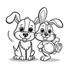Adorable cartoon puppy and bunny in a playful, hand-drawn style—big eyes, floppy ears, friendly smiles, and charming details in a simple black-and-white ink sketch.