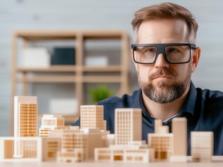 Fototapeta premium Closeup of smart glasses guiding an architect in building a 3D model in AR, symbolizing creative tech progress