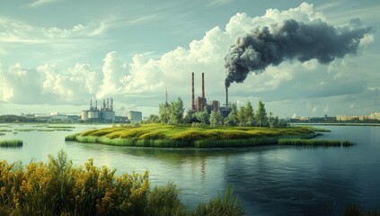 Naklejka premium An industrial plant pollutes air above a small island in water