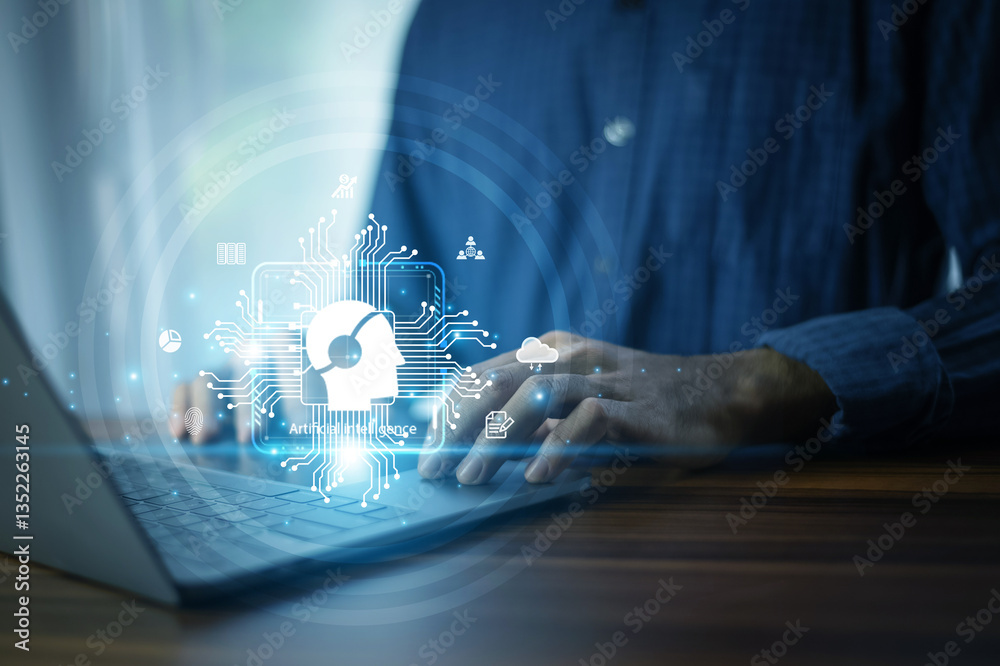 Wall mural businessman using ai-powered computer analyzing financial data and market trendsfuturistic digital i