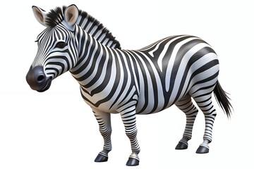 Fototapeta premium A playful zebra standing on a stark white background showcasing its striking black and white stripes in a photorealistic 3D render.