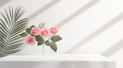 Pink roses on white pedestal with shadows, display of flowers