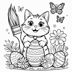 A bunny painting an Easter egg and some flowers, designed as a coloring page, ready to print on a standard 5000 x 5000 pixel artboard in AI/EPS format.