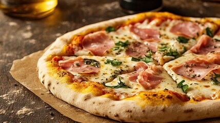 A golden hour shot of a pizza with Parma ham and fresh herbs on a rustic table