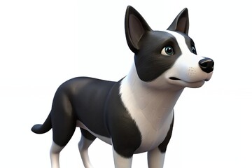 A curious cartoon dog, black and white fur, bright expressive eyes, looking thoughtfully off to the side against a clean white background.