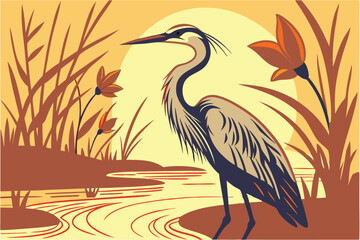 Fototapeta premium 10 Great blue heron, shallow water, golden sunset light, ripples, colorful bokeh background, vibrant orange flowers, sharp focus, wildlife photography, detailed feathers, serene atmosphere, nature por