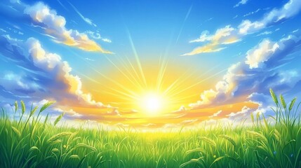 Obraz premium Sunrise over grassy field, scenic sky, peaceful landscape, nature background, game design