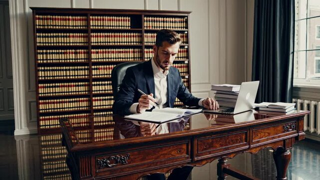 A professional video scene of a man in a suit at a wooden desk, surrounded by law books. Eye-level angle emphasizes a formal, studious atmosphere.