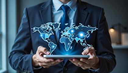Businessman showcasing digital world map using tablet, global connectivity