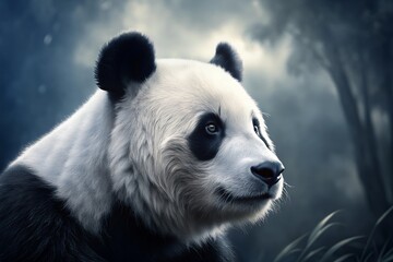 Fototapeta premium A serene giant panda contemplates its tranquil bamboo forest home, bathed in soft, moody twilight light.