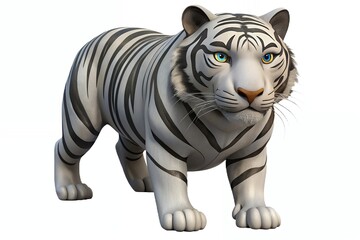 Naklejka premium A majestic white tiger, powerfully poised, gazes intently, showcasing striking black stripes against its pristine coat on a stark white background.