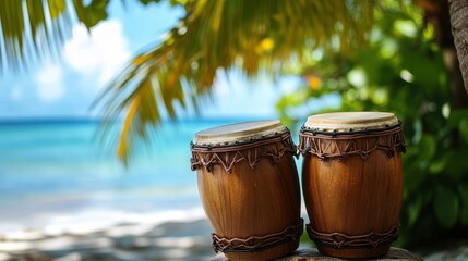 Vibrant Conga Drums on Tropical Beach Setting
