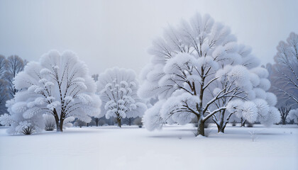 Fototapeta premium Serene winter landscape with snow-capped trees, peaceful quietude