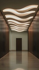 Modern hallway interior design with wavy ceiling lights, wooden walls, and polished floor. Perfect for architecture, interior design, and real estate projects.