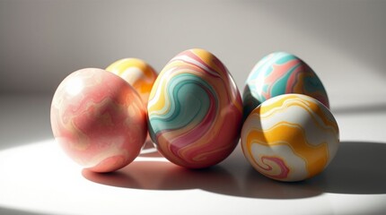 A photorealistic rendering of bright marbled Easter eggs with glossy surfaces and light reflections, utilizing strong hard light to create direct harsh shadows
