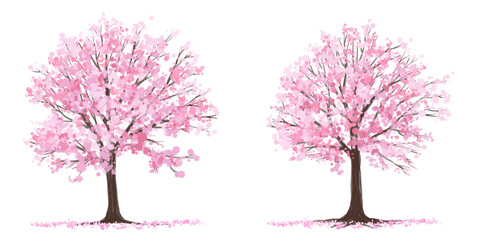 Naklejka premium Vector watercolor blooming flower tree or forest side view isolated on white background for landscape and architecture drawing,elements for environment or and garden,Sakura tree for section