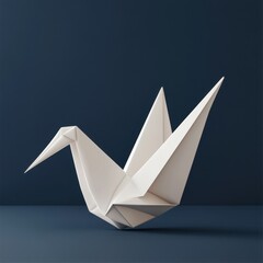 A single white origami crane is displayed against a dark background