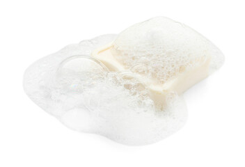 Bar soap with foam on white background