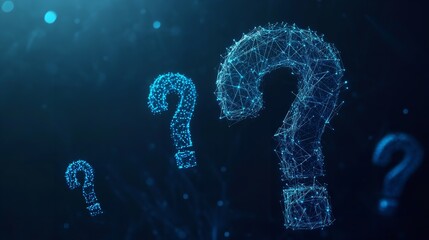 Three dimensional question marks connected by lines and glowing dots floating in dark blue space