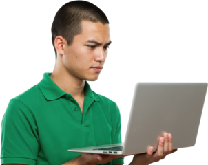 Concentrated Young Asian Man Using Laptop Computer Wearing Green Polo Shirt