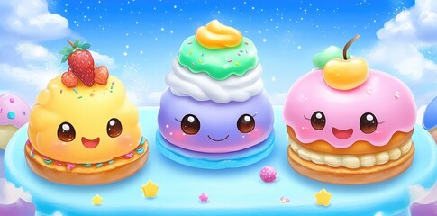 Cute cartoon desserts smiling with colorful frosted toppings and fruit