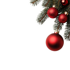 Festive red baubles adorn a Christmas tree branch