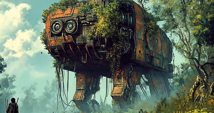 Rusty mech in overgrown jungle, lone figure, surreal scene, possible game art
