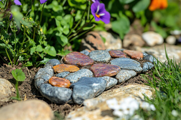 Bunch of rocks on field under clear blue sky.