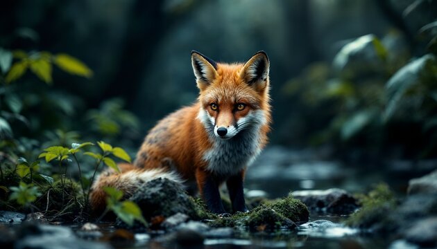 Red Fox Sitting by Forest Stream Wildlife Photography