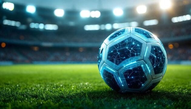 Soccer ball, high-tech design, glowing blue patterns, stadium lights, night game, grass field