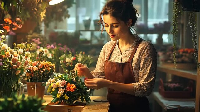 Woman arranging a colorful bouquet of flowers in a cozy floral shop filled with greenery