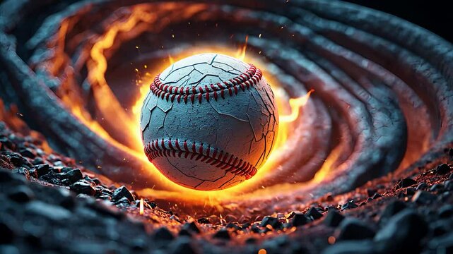 Cracked baseball surrounded by swirling molten lava and glowing fire trail on rocky ground in intense cinematic lighting

