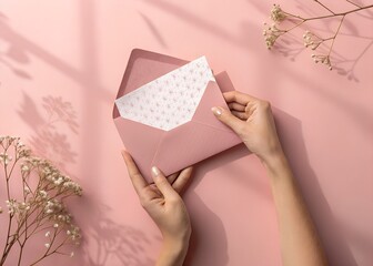 Hands Holding Pink Envelope on Pink Background