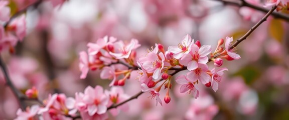 Delicate pink blossoms in full bloom against a soft spring background, romantic, cherry, art