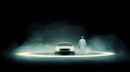 Man in coat with classic car, and night fog.