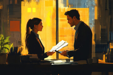 Man and woman sitting at desk, engaged in conversation with laptops open and papers scattered. Office setting with shelves filled with books in background.