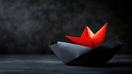 Obraz premium Red origami boat in dark gray origami boat