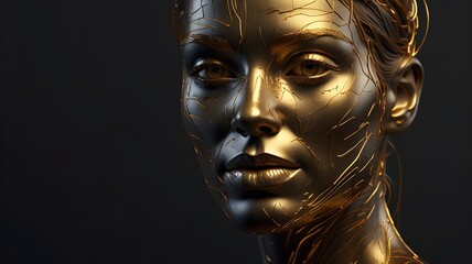 Minimal continuous gold line art of a face on a charcoal dark background. Elegant and artistic