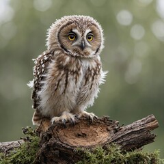 "A baby owl with soft downy feathers, looking curious and innocent, sitting on a tree stump against a white background."