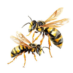 A watercolor vector painting of a mother wasp with her kid, isolated on a white background. Mother wasp vector.

