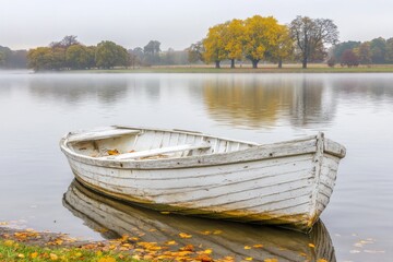 Obraz premium Serene autumnal scene featuring a weathered white rowboat gently resting on a calm lake, surrounded by colorful fall foliage and a misty atmosphere.