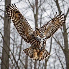 "A highly detailed great horned owl in mid-flight, wings spread wide, with intricate feather patterns, isolated on a white background."
