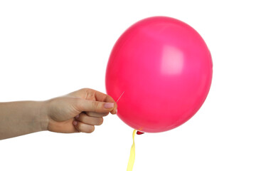 Woman popping pink balloon on white background, closeup