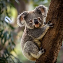 Fototapeta premium Baby Koala Climbing a Tree in the Wild