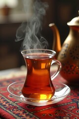 Authentic Iranian tea in a traditional glass, served on a Persian rug with a steaming teapot in the background, evoking warmth and hospitality.