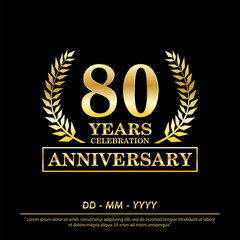 80th years anniversary celebration emblem. elegance golden anniversary logo isolated with laurel wreath awards on black background. vector illustration template design